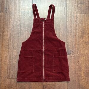 Burgundy Wide Wale Corduroy Overall Mini Dress, Size Medium